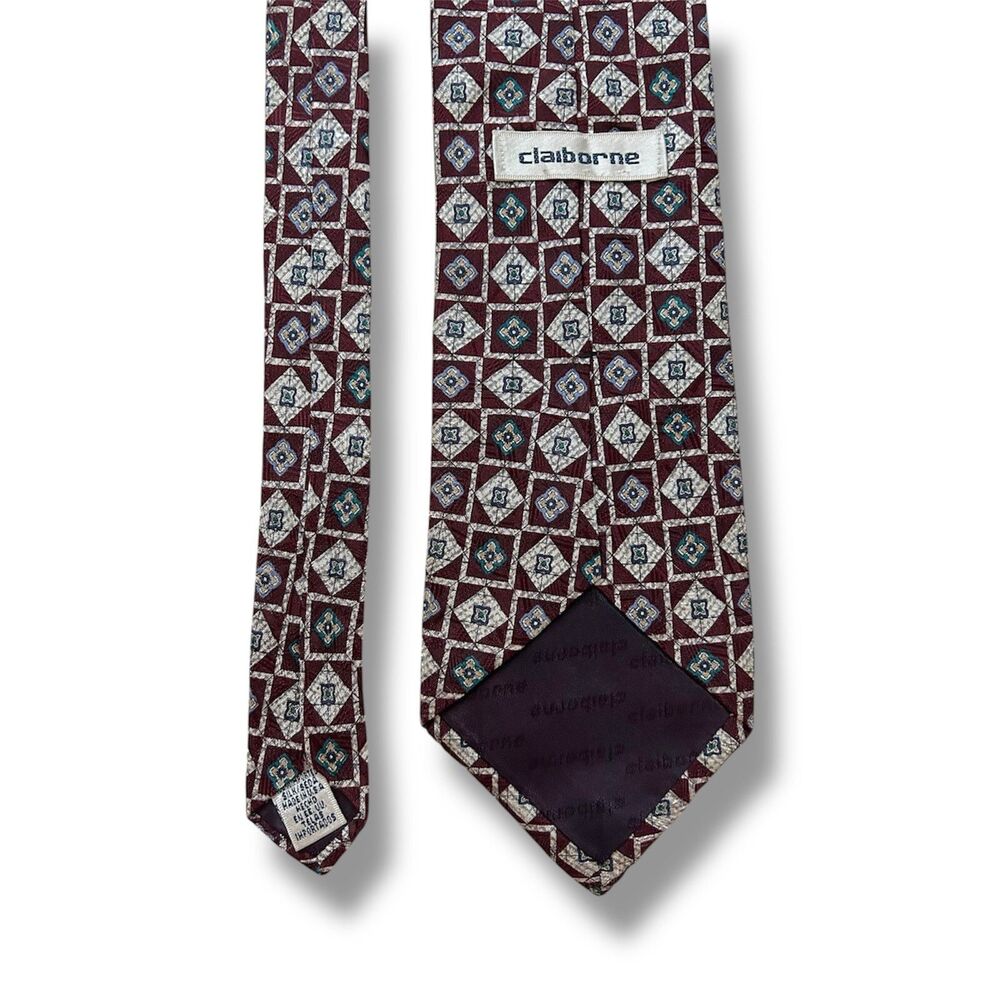 Red Wine Claiborne  Tie 58” X 4” Small Squares Men Collection  Vtg Made in U.S.A